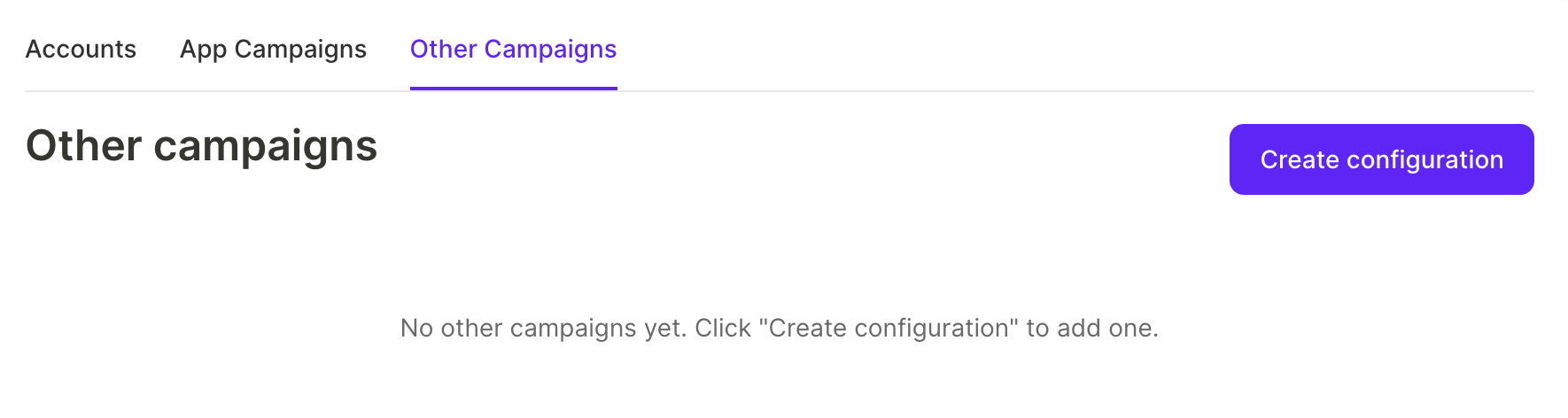 Other Campaigns tab of the Google Ads integration in Adapty Attribution with the Create configuration button