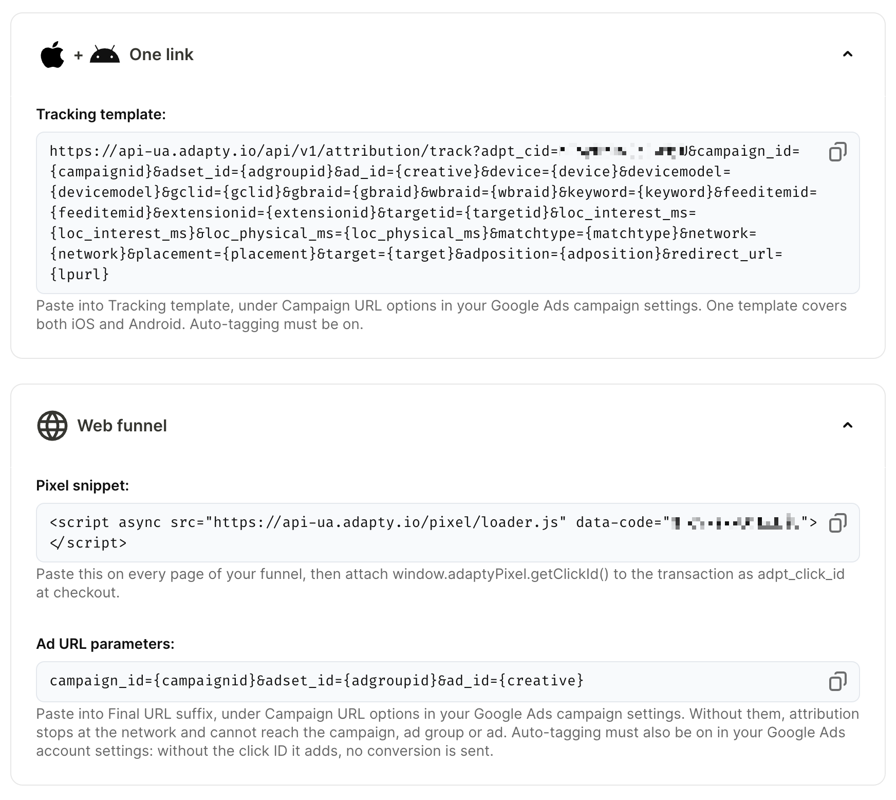 Tracking links section of an Other campaigns configuration with the tracking template, pixel snippet, and ad URL parameters