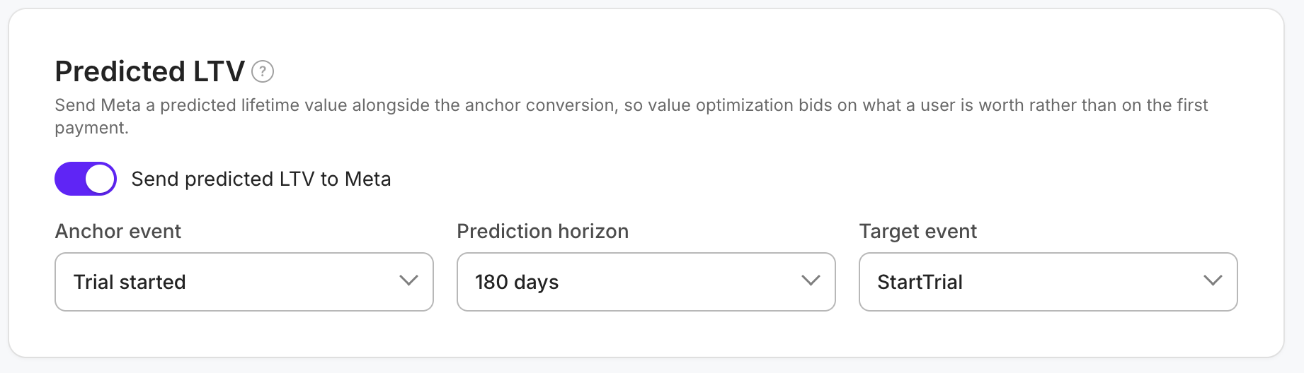 Predicted LTV section with the toggle on, Trial started as the anchor event, a 180-day horizon, and StartTrial as the target event