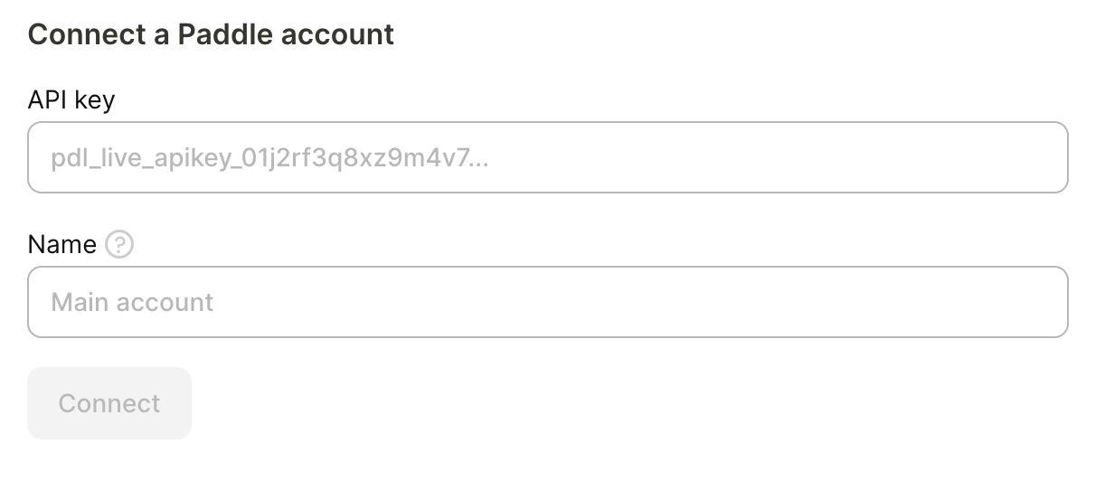 Connect a Paddle account form with API key and Name fields on the Paddle integration page in Adapty Attribution