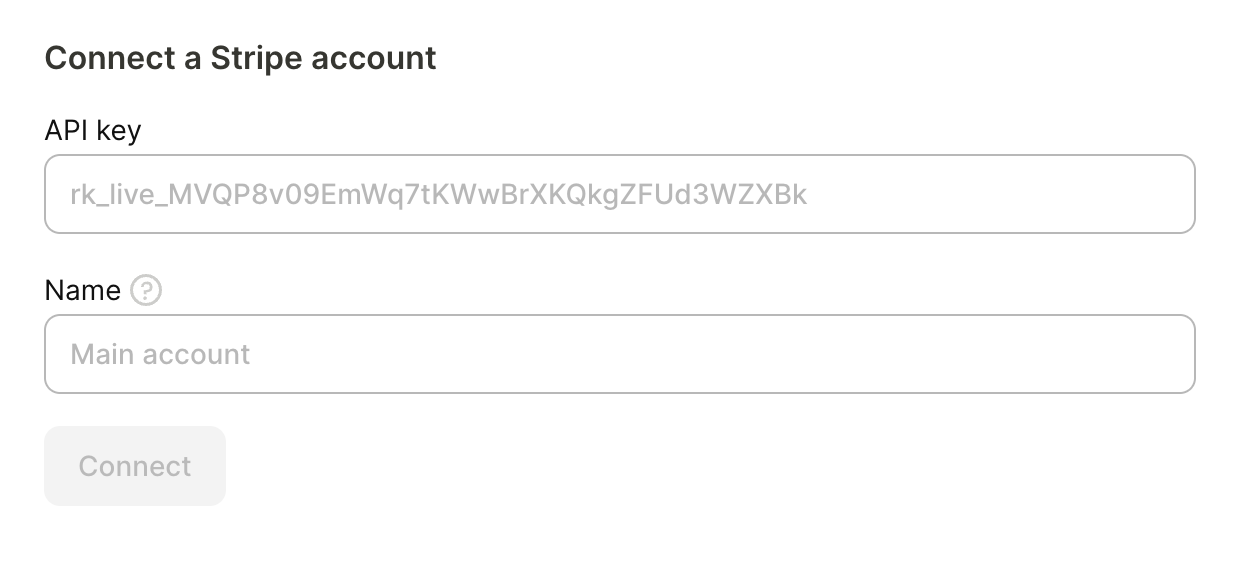 Connect a Stripe account form with API key and Name fields on the Stripe integration page in Adapty Attribution