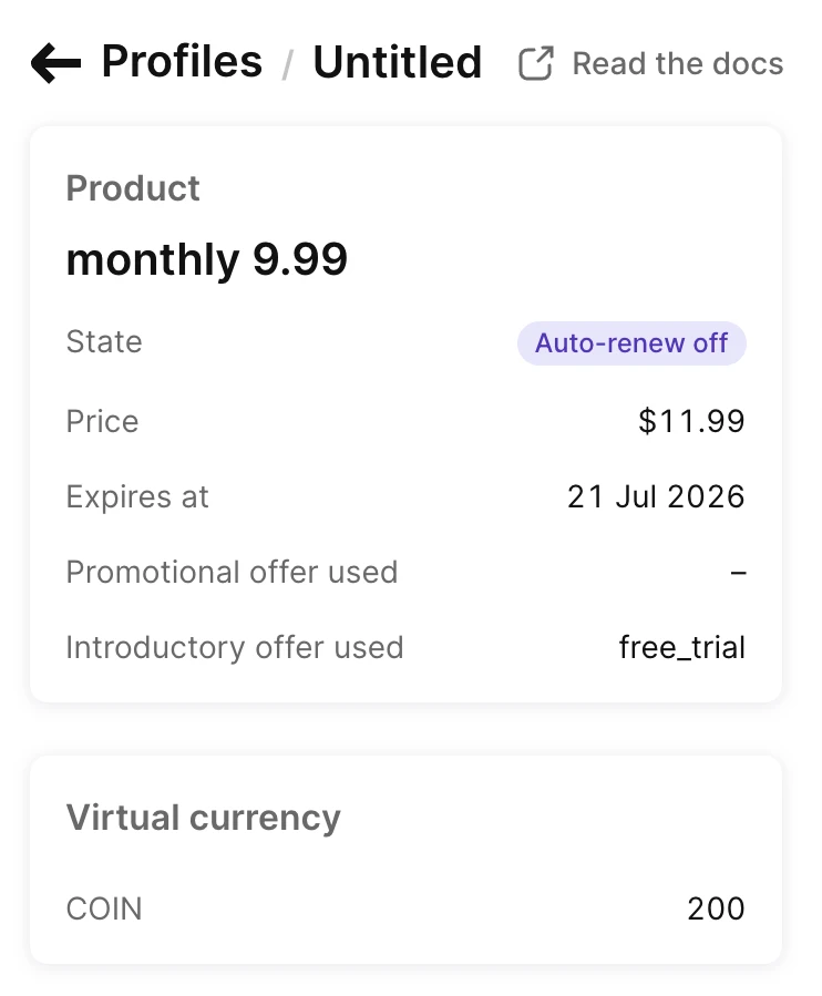 A user's profile page with the Virtual currency card, which lists the user's currency balances