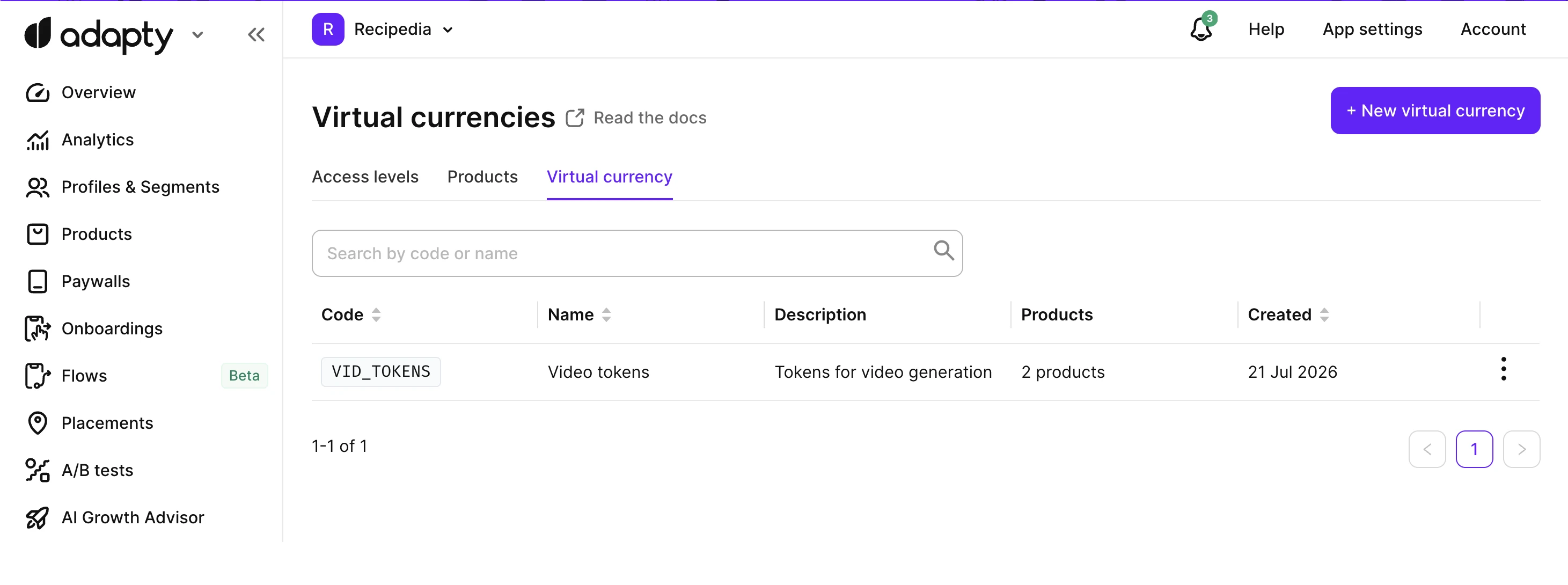 The Virtual currency tab under Products, showing the empty state and the New virtual currency button