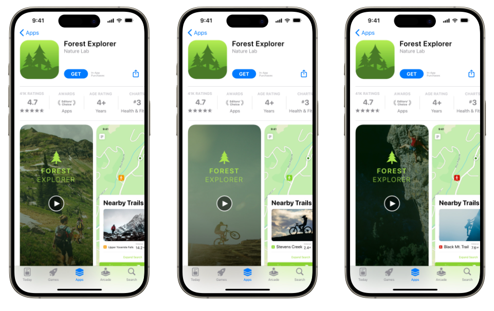 一款 App 的三个自定产品页面，向不同受众群体展示徒步、骑行和攀岩截图