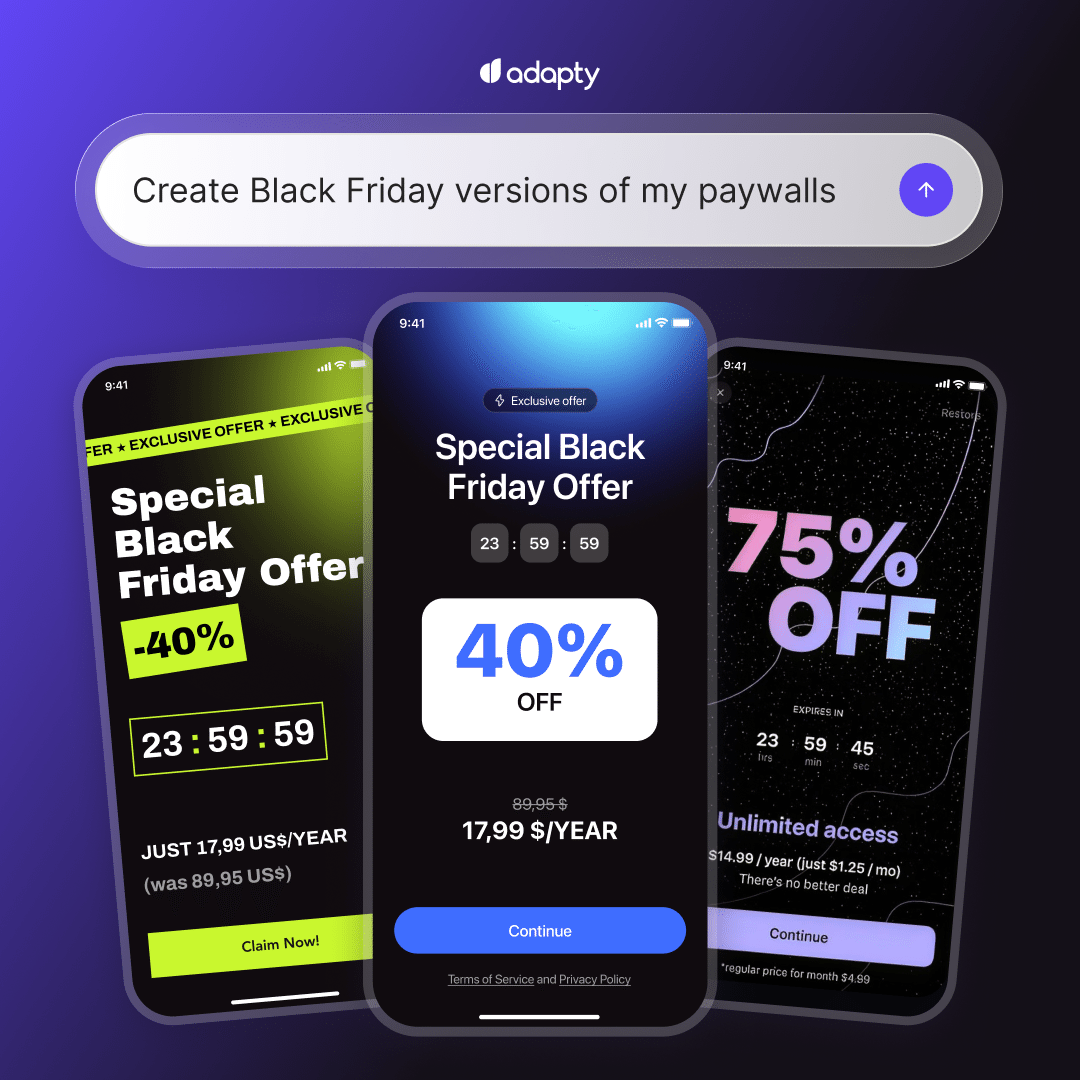 The prompt "Create Black Friday versions of my paywalls" above three generated paywalls: a green -40% screen with a 23:59:59 countdown, a blue 40% off screen at 17,99 US$/year, and a black 75% off screen with unlimited access at $14.99/year.