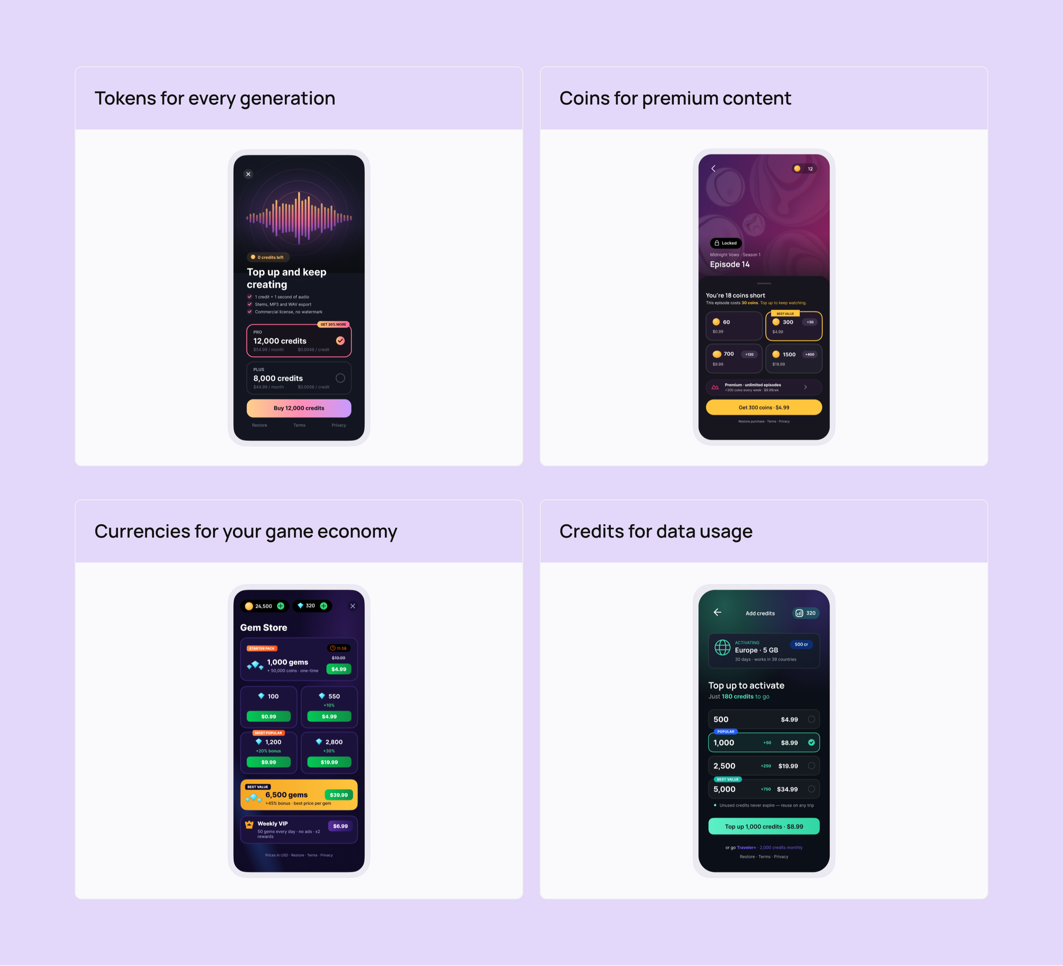 The same credit mechanic across four app categories, with paywalls showing audio generation credits, episode coins in a drama app, a gem store in a game, and data credits for an eSIM app, from Adapty's virtual currencies page.