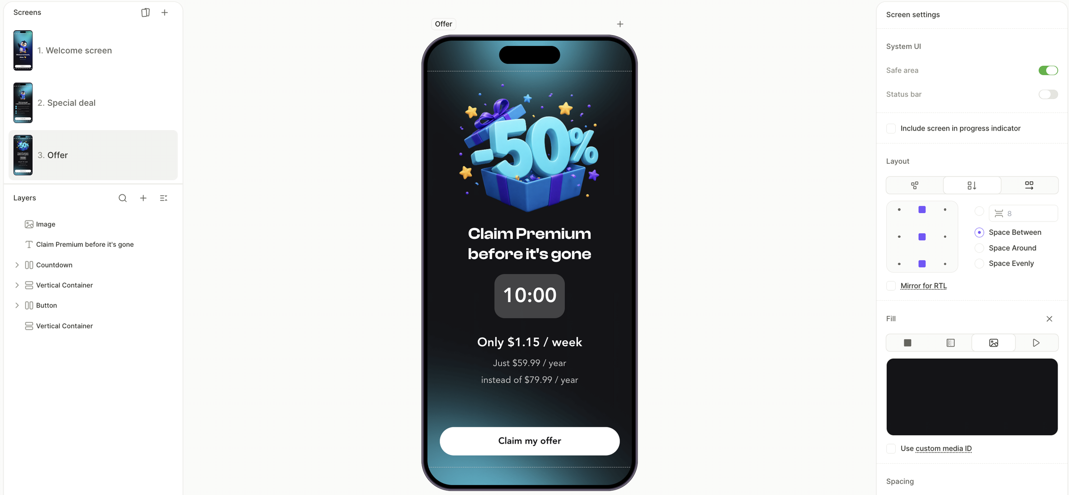 A post-paywall offer screen in Adapty's Flow Builder showing 50% off, a ten-minute countdown, and $59.99 per year instead of $79.99, listed as screen three after Welcome screen and Special deal. Source: Adapty.