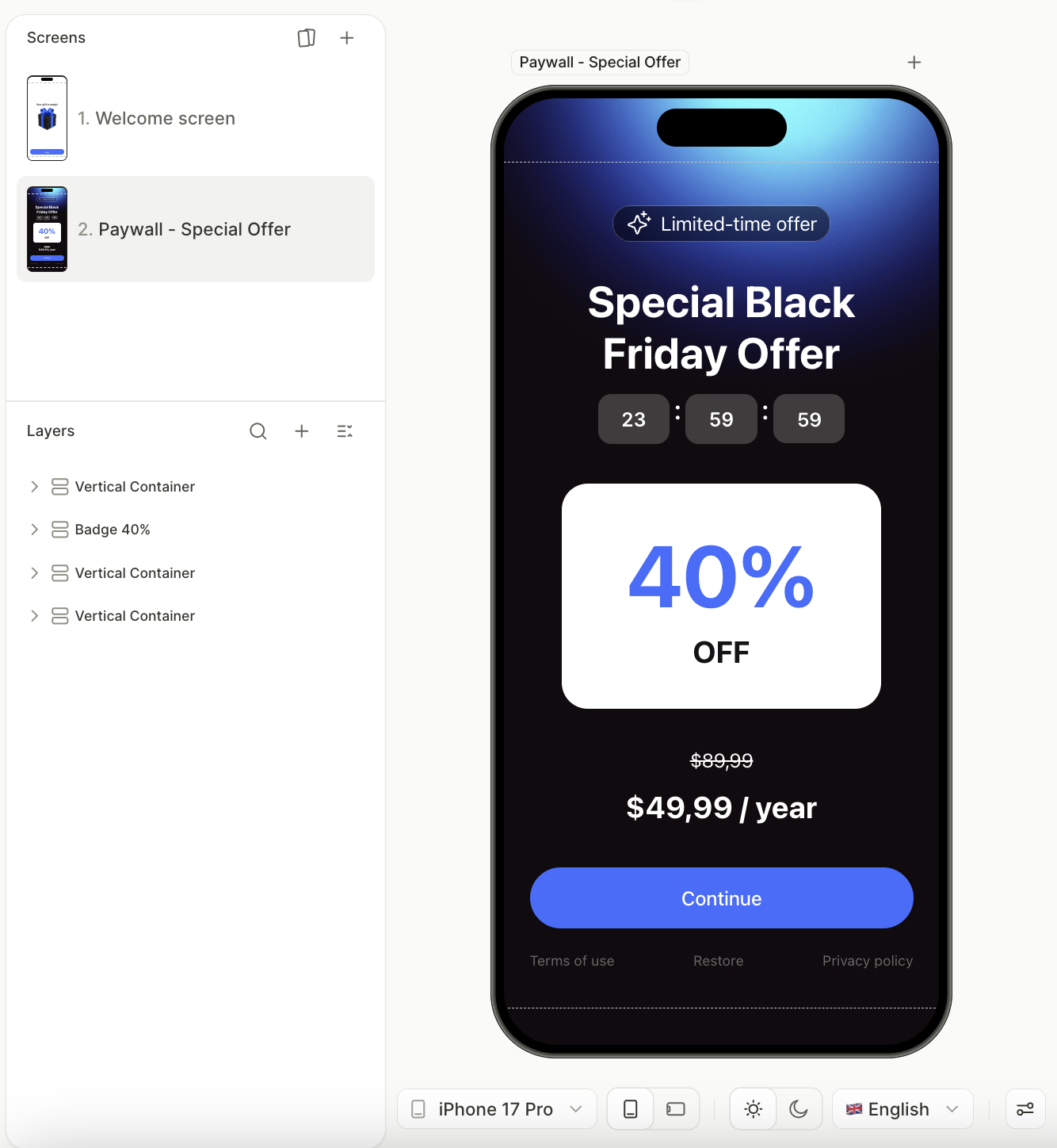 The Adapty Flow & Paywall Builder editor with a two-screen flow in the sidebar, showing a Black Friday paywall with a 23:59:59 countdown, 40% off, and $49,99 a year down from $89,99.