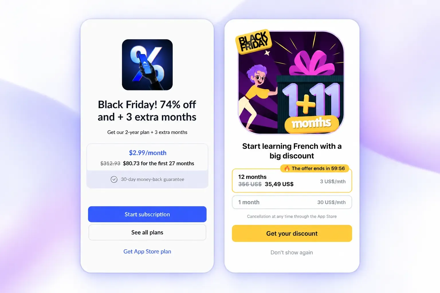 Two Black Friday paywalls side by side. One offers 74% off a 2-year plan plus 3 extra months, $80.73 for the first 27 months. The other offers 12 months of a French course for 35.49 US$ under a "1+11 months" badge.