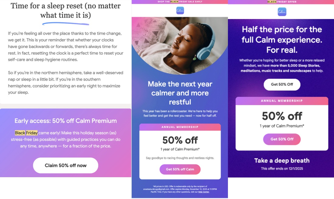 Calm app black friday emails