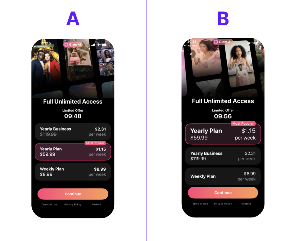 The same three plans at the same prices in two different orders, with the year first in the winning variant.