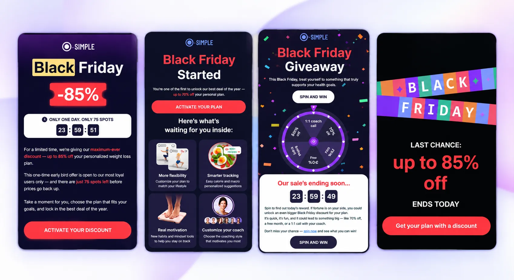 Simple's Black Friday emails from November 24 onward, showing an 85% early-bird offer, a 70% launch, and an 85% last-chance email.