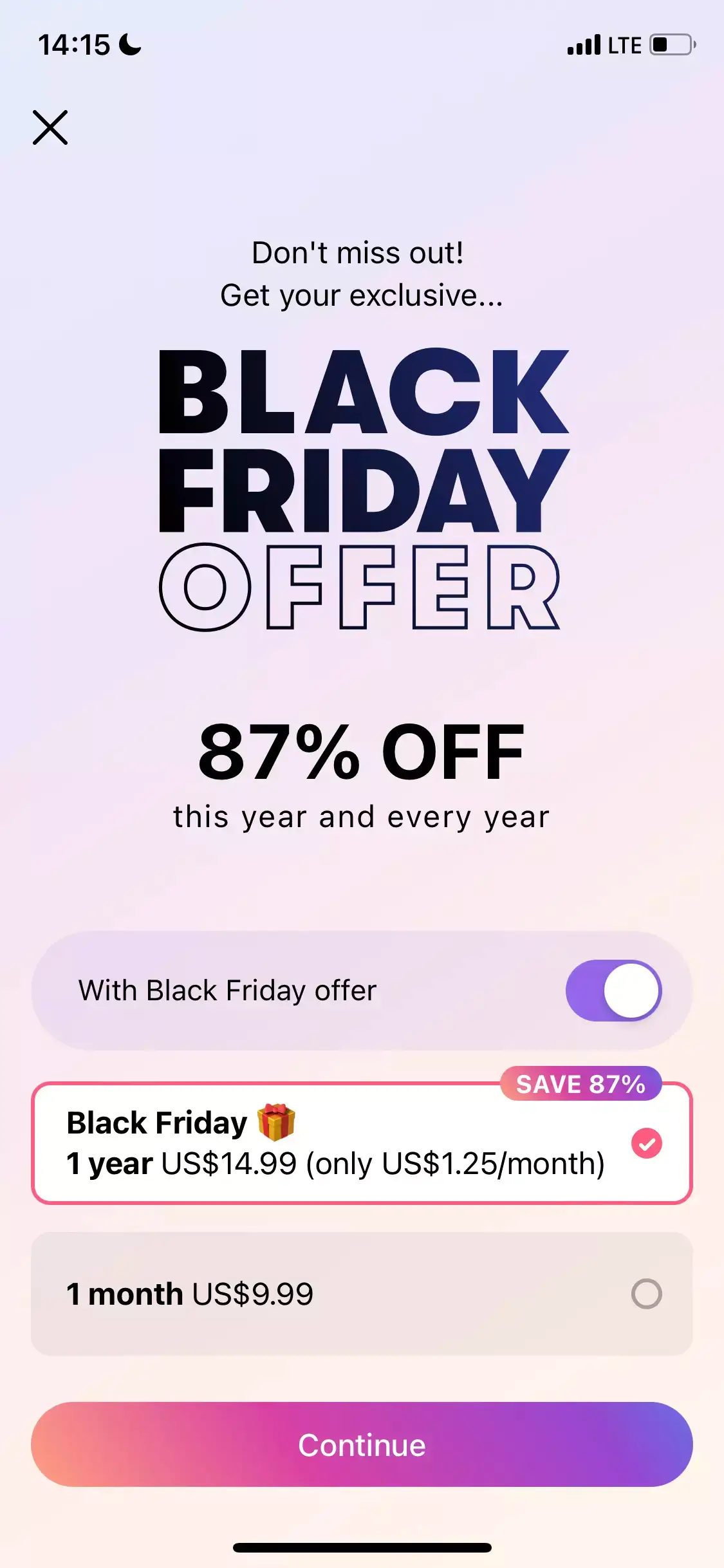 a black friday mobile paywall design by a period tracker Flo