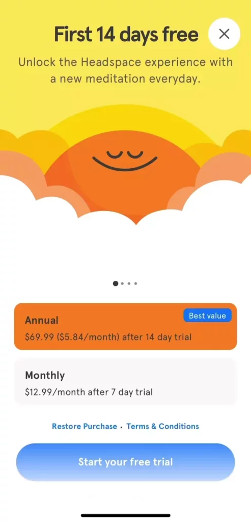 A mobile paywall by the meditation app Headspace