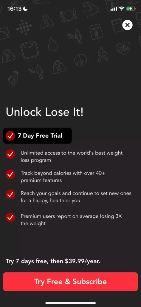 A mobile paywall by Lose It, calorie tracker, Health and Fitness Category