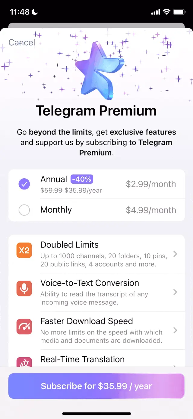 an example of mobile paywall design in messengers by telegram
