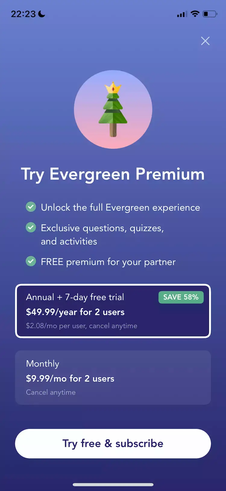 A mobile paywall design example by Evergreen: Relationship Growth from the Health & Fitness category