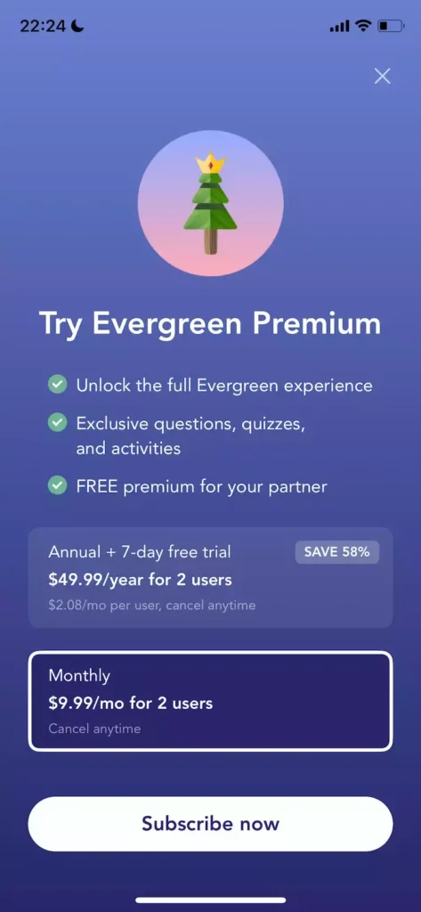 A mobile paywall design example by Evergreen: Relationship Growth from the Health & Fitness category — the second plan is selected