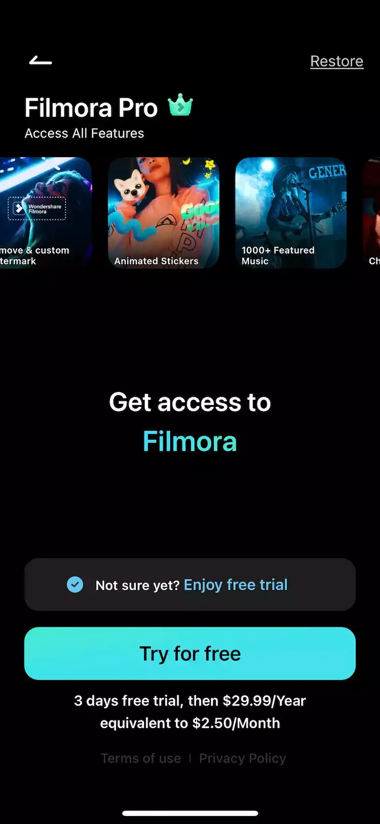 A mobile paywall design example by Filmora - Video Editor, Maker from the Photo and Video category — a trial is on