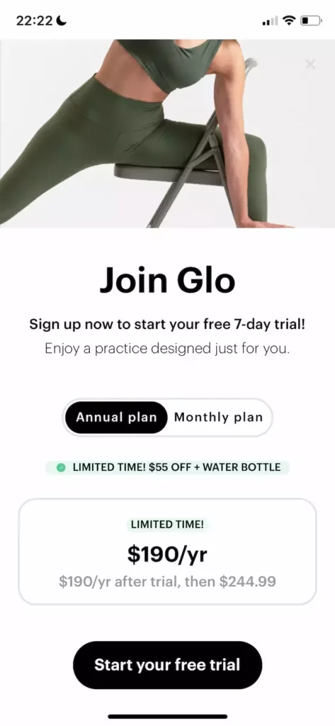A mobile paywall design example by Glo | Yoga and Meditation App from the Health & Fitness category