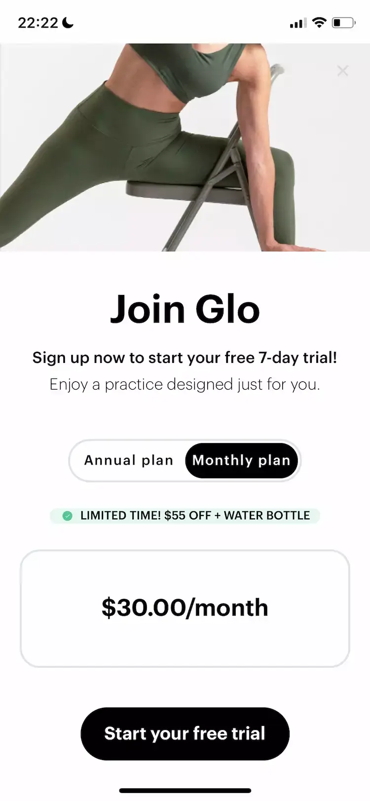 A mobile paywall design example by Glo | Yoga and Meditation App from the Health & Fitness category — monthly plan