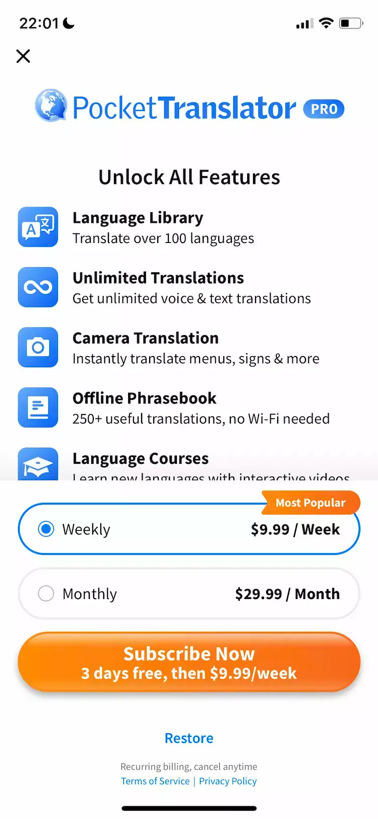 A mobile paywall design example by Translate - Pocket Translator from the Utilities category
