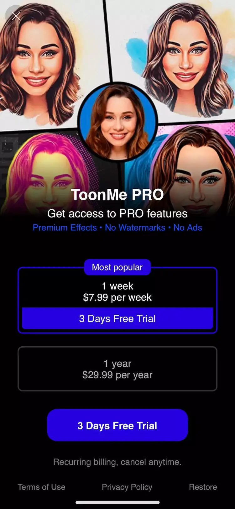 A mobile paywall design example by ToonMe: Cartoon Avatar Maker from the Photo and Video category