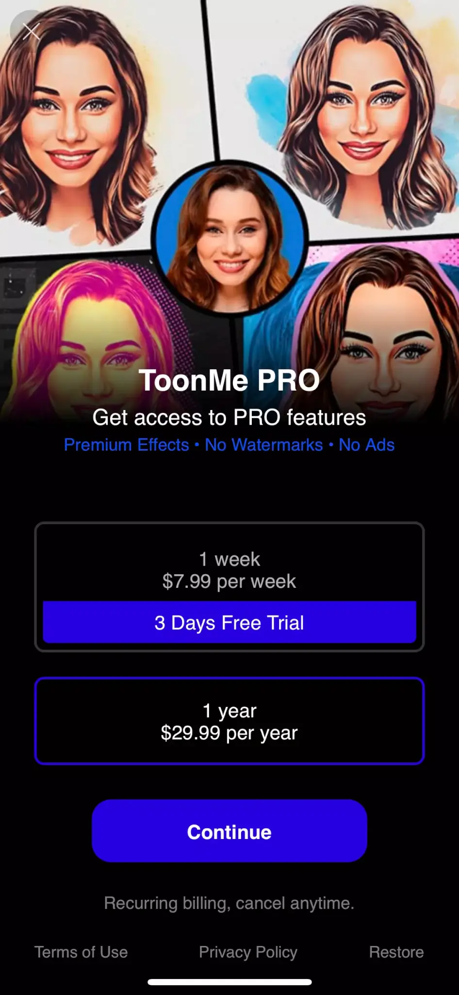 A second mobile paywall design example by ToonMe: Cartoon Avatar Maker from the Photo and Video category