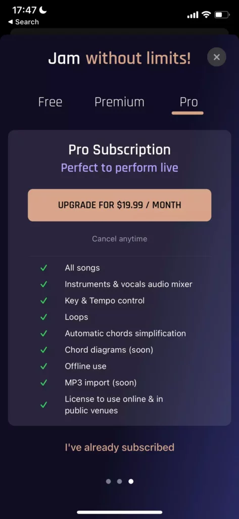 A mobile paywall example by Jamzone from Music Category, pro tab