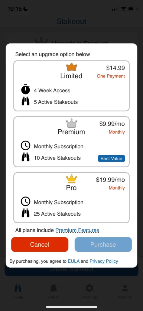 a mobile paywall design example by StakeOut from Travel Category