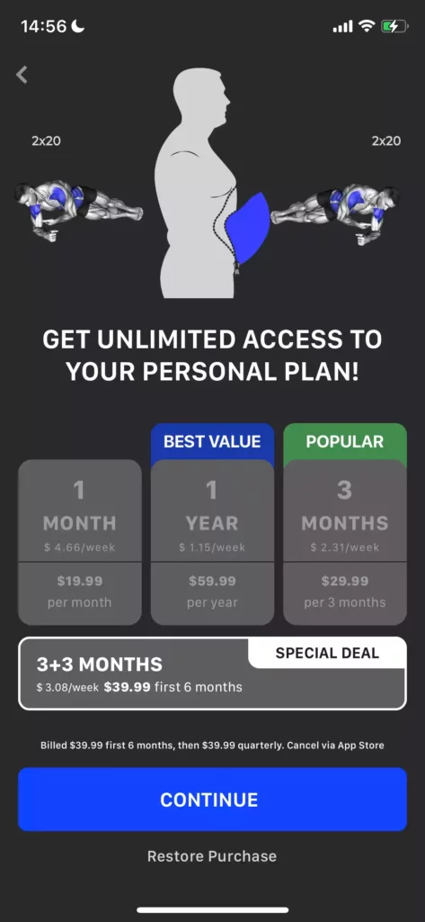 a mobile paywall example by muscle booster