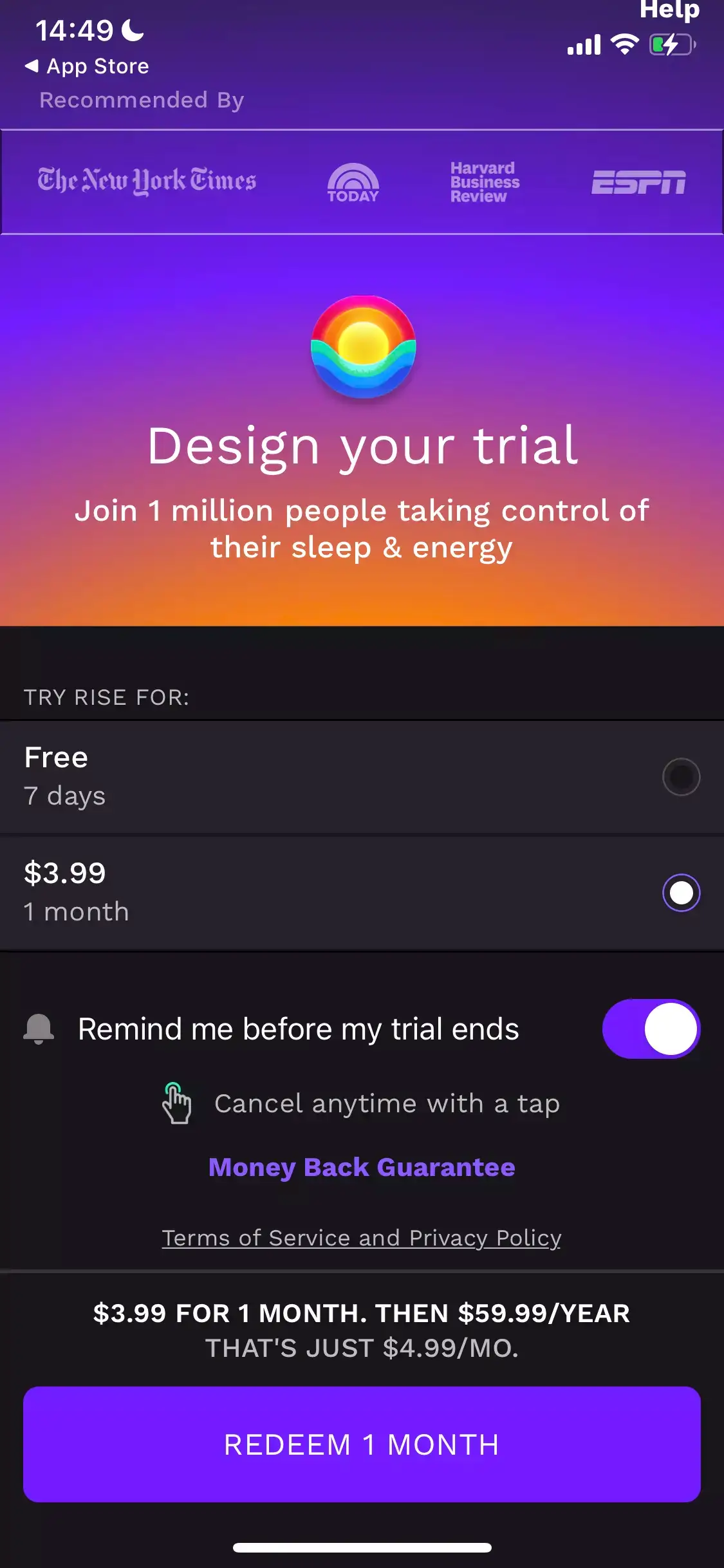 A mobile paywall example by Rise, sleep and energy tracker