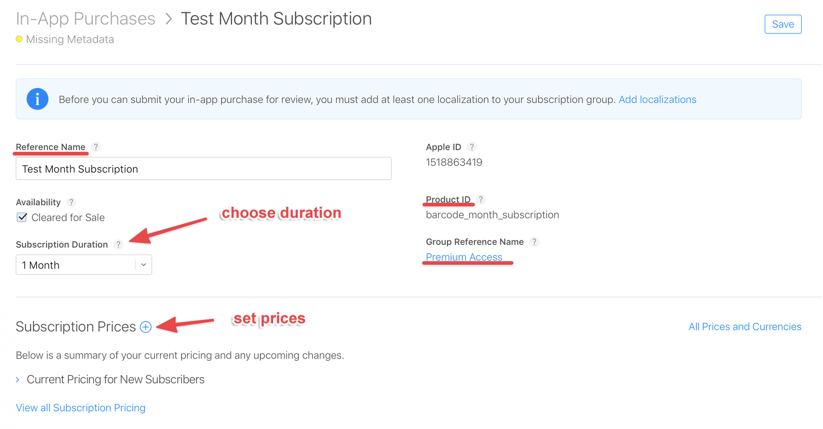 Create a subscription in App Store Connect