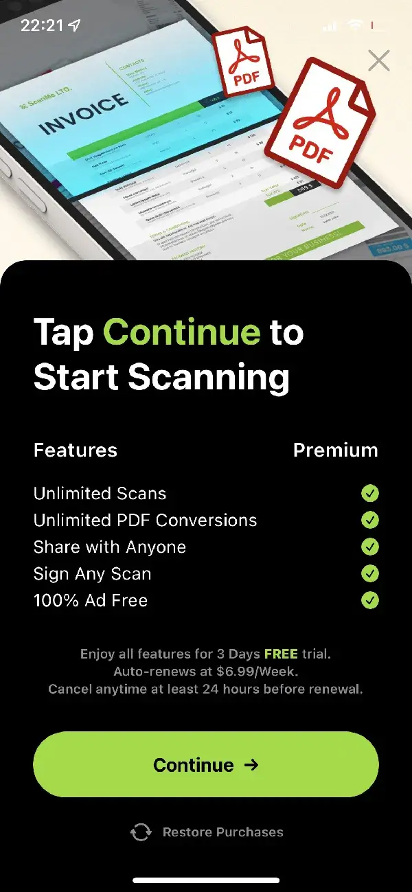 mobile paywall design example by Camera Scanner from Business Category