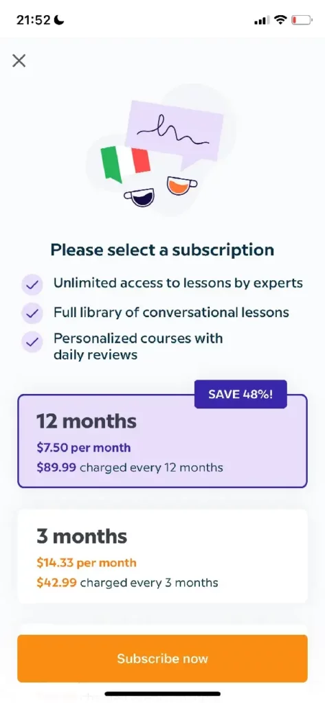a mobile paywall design by Babbel, an app from Education Category