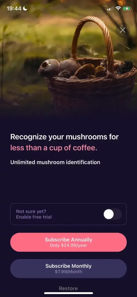 Mushroom ID — a mobile paywall design by the app from Education Category