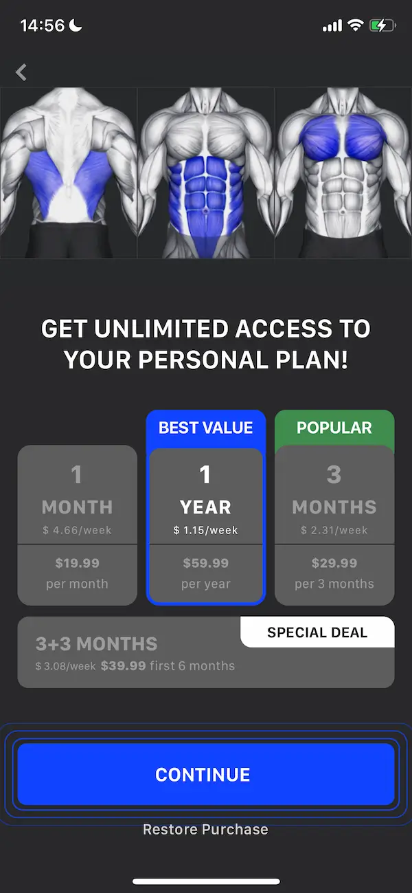 A mobile paywall by Muscle Booster