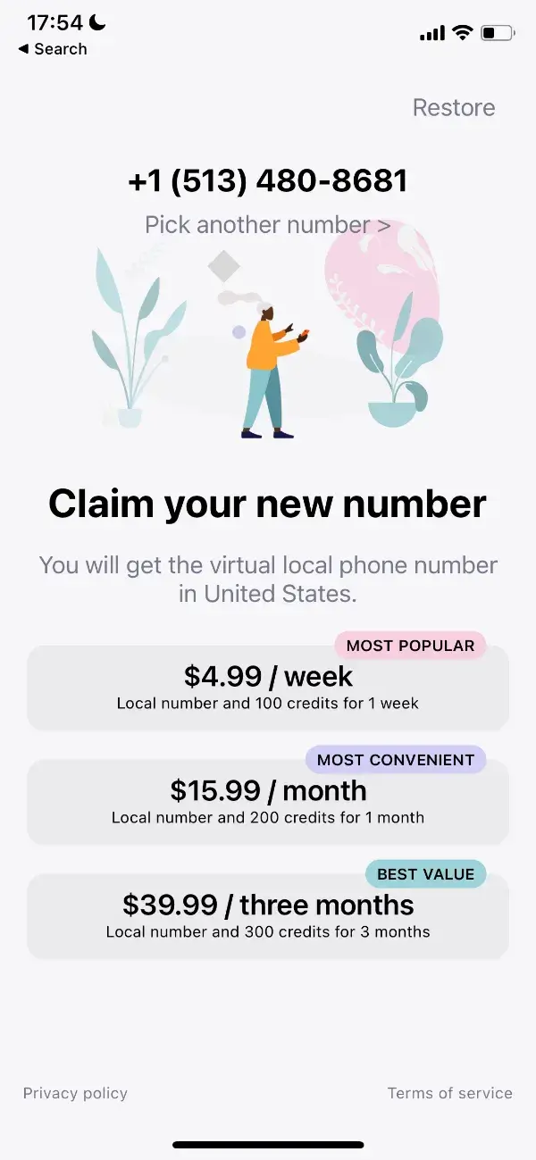 A mobile paywall by Second Phone app