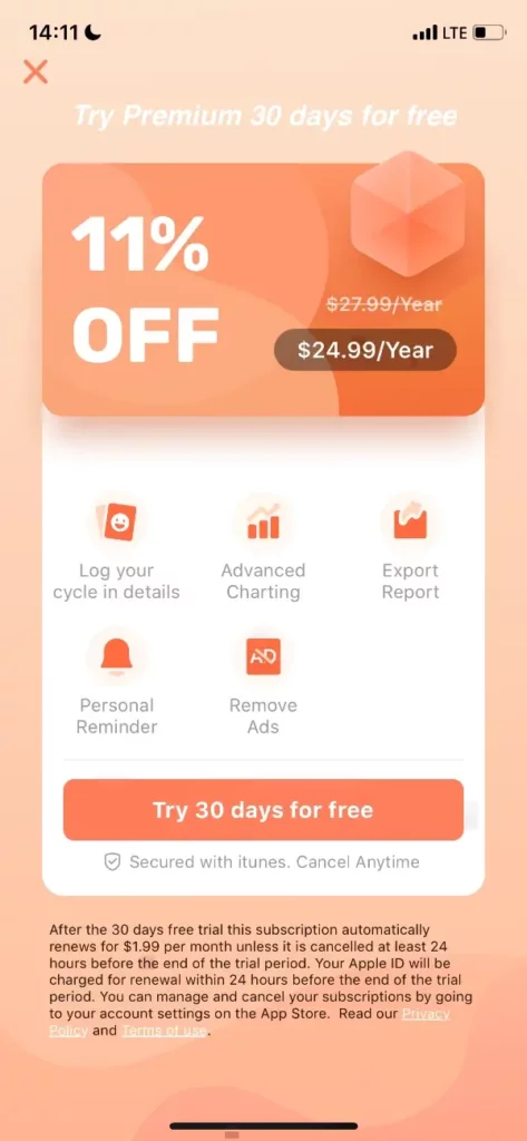 A mobile paywall by a period tracker Monthly Cycles