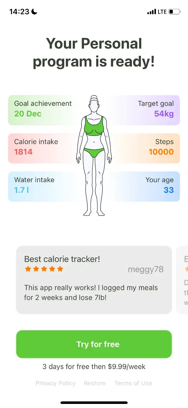 A mobile paywall design by a calorie tracking app, Food Tracker
