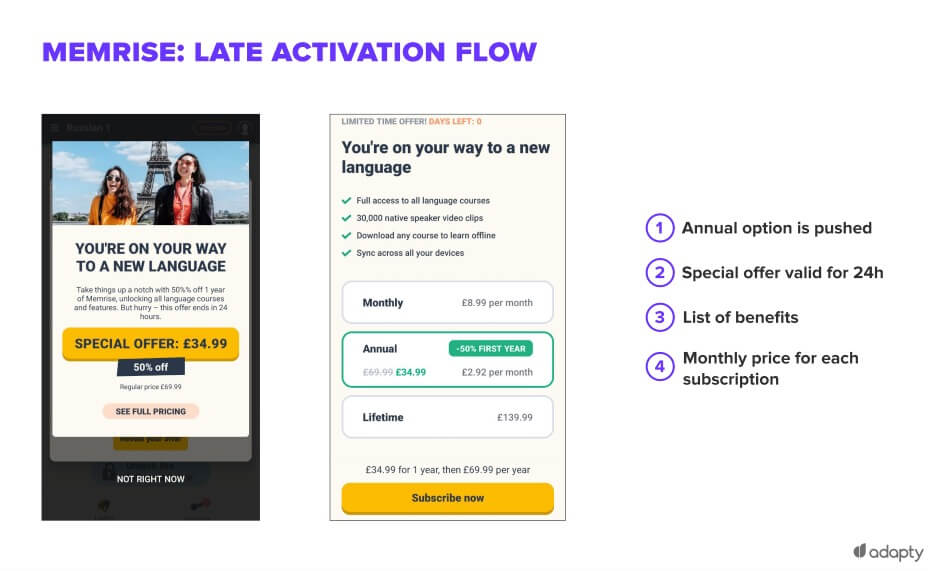 Late activation flow for Memrise