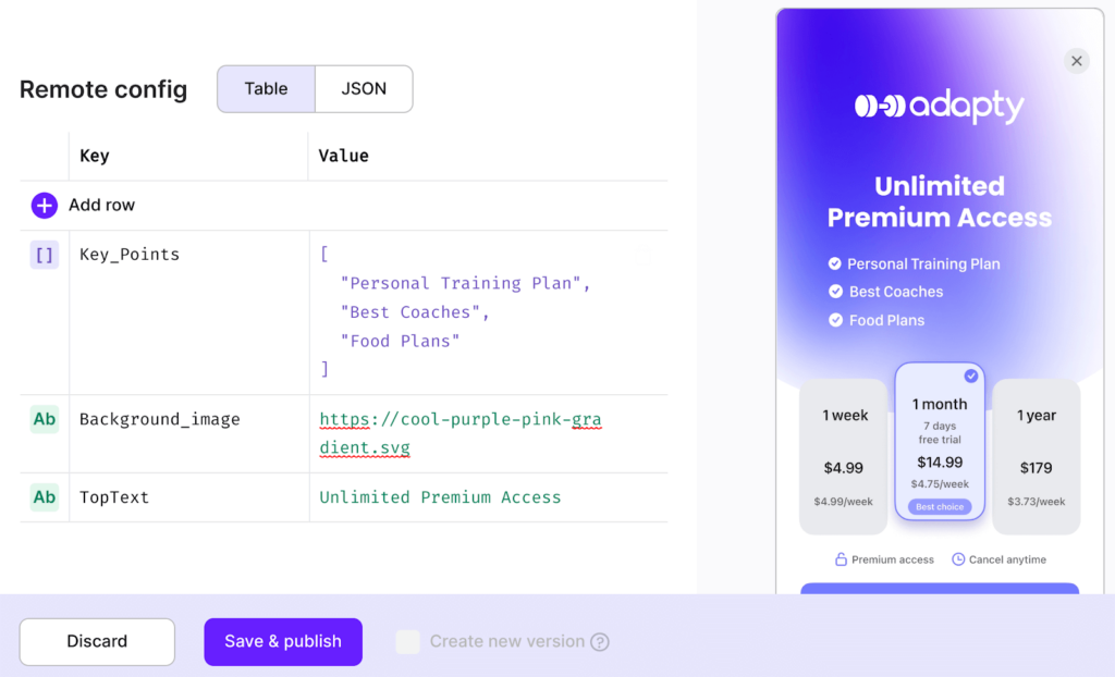 Editing values for a mobile app paywall AB test test via remote config