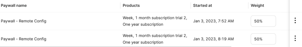 Mobile app paywall AB testing setting traffic volumes for each version Via Adapty