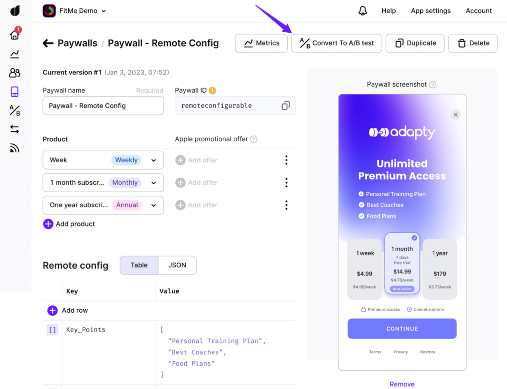 Setting up mobile app paywall AB test with remote config via Adapty