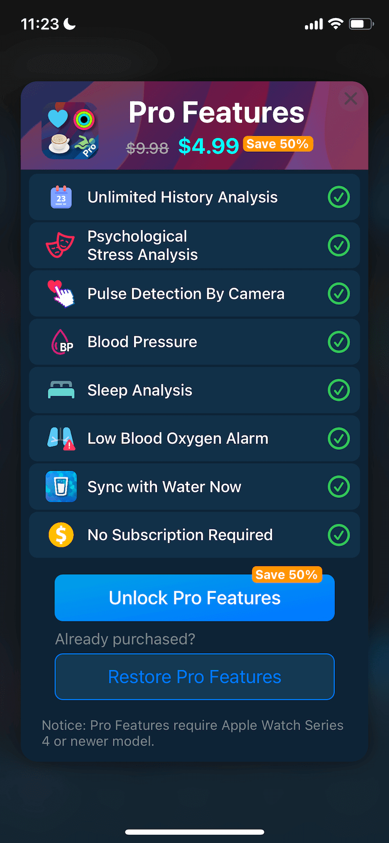 mobile paywall design example — health and fitness — by heart and stress app