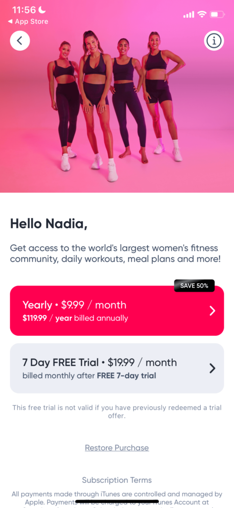 mobile paywall design example — health and fitness — by sweat app
