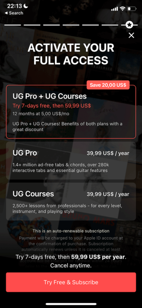 mobile app paywall screen examples — ultimate guitar