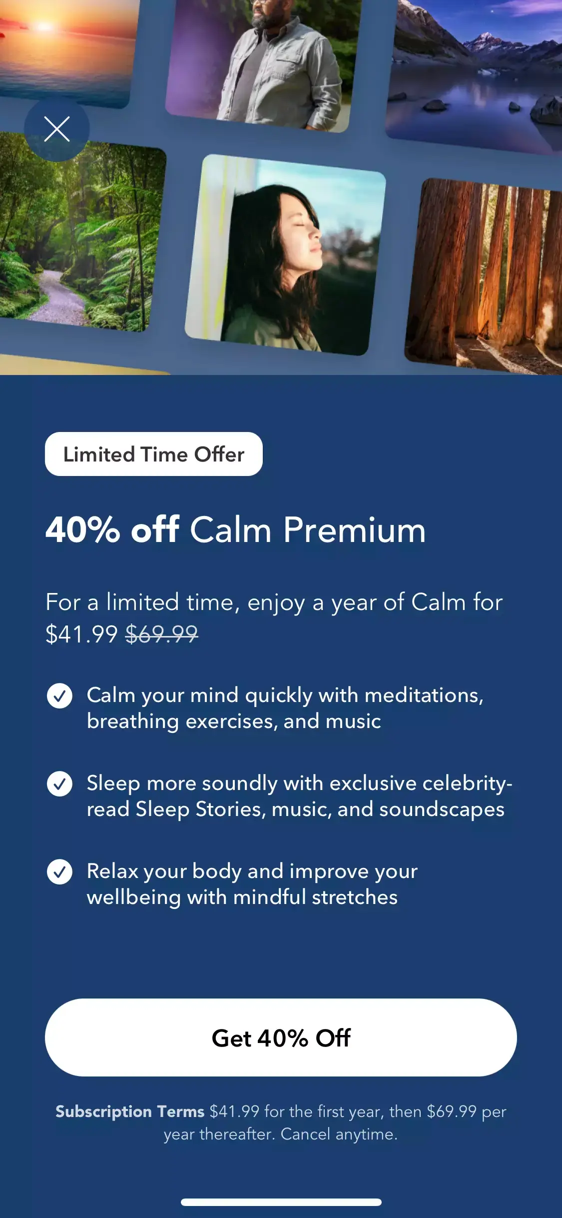 a mobile paywall design with a discount by Calm, a meditation app from Health and Fitness category