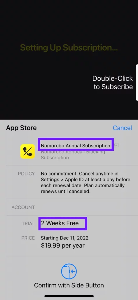 A mobile paywall dark pattern by Nomorobo