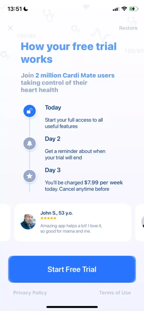 a mobile paywall design example by Cardi Mate from Health and Fitness category